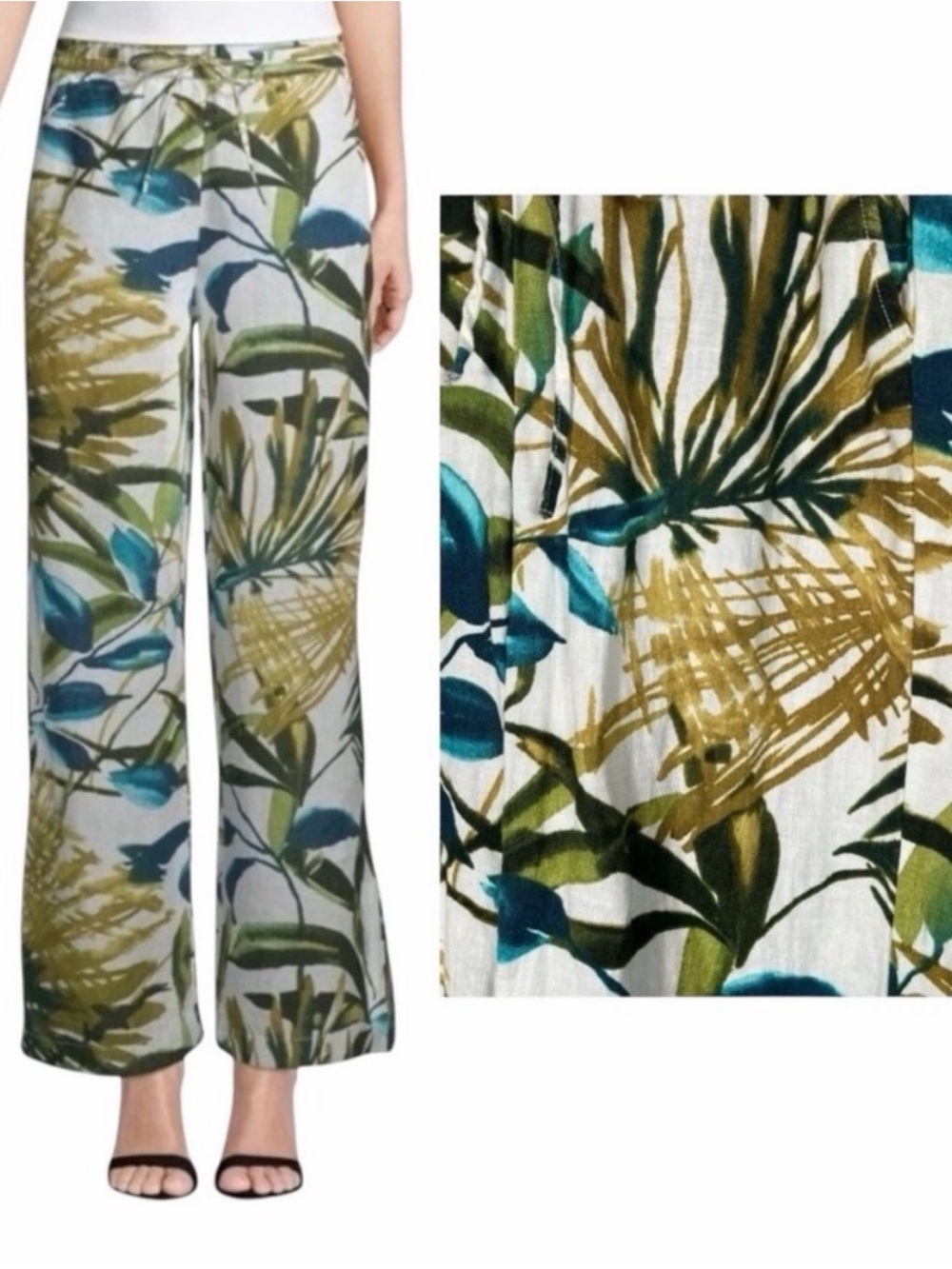 100% Linen Chico's Wide-Leg Pants with Teal & Olive Tropical Print
